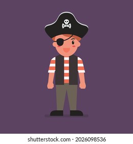 Kid wearing a pirate costume. Halloween holiday party. Vector illustration