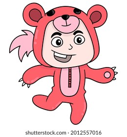 kid is wearing a red bear costume, vector illustration art. doodle icon image kawaii.