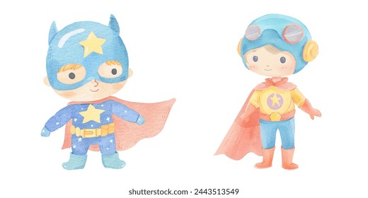 kid wearing super hero outfit watercolor vector illustration