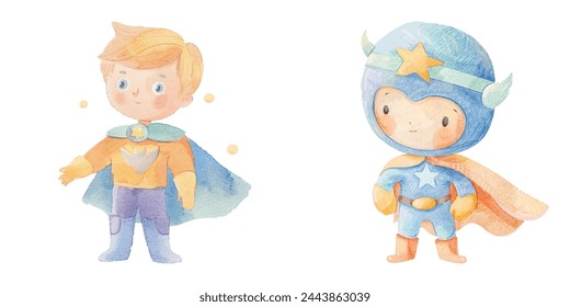 kid wearing super hero outfit watercolor vector illustration