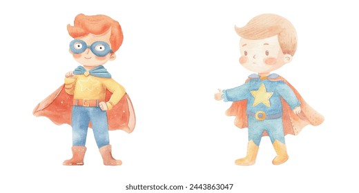 kid wearing super hero outfit watercolor vector illustration