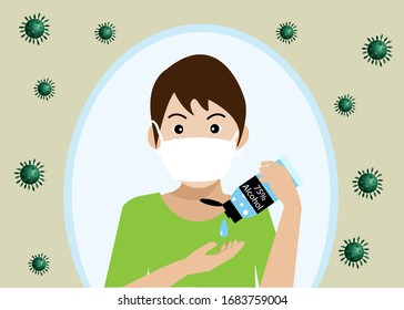 Kid wearing surgical face mask apply hand sanitizer with 75% alcohol gel washing hands to protect COVID-19 corona virus spreading. Idea for COVID-19 corona virus outbreak, quarantine and prevention.