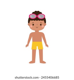 kid wearing swimming suits in summer vacations, Cute child cartoon Pool party characters, Kids spending holidays in seaside isolated white background Vector illustration