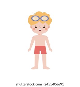 kid wearing swimming suits in summer vacations, Cute child cartoon Pool party characters, Kids spending holidays in seaside isolated white background Vector illustration