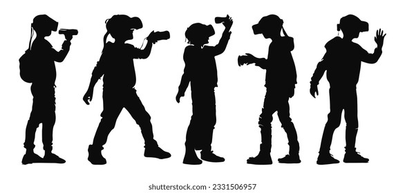 kid wearing VR headset glasses playing virtual reality games silhouette poses