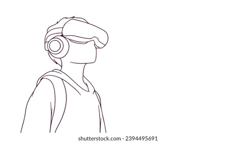 kid wearing vr headset. hand drawn style vector illustration