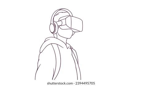 kid wearing vr headset. hand drawn style vector illustration