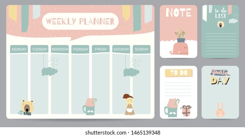 Kid weekly planner with cactus,llama,star,heart.Vector illustration for calendar and schedule.Editable element