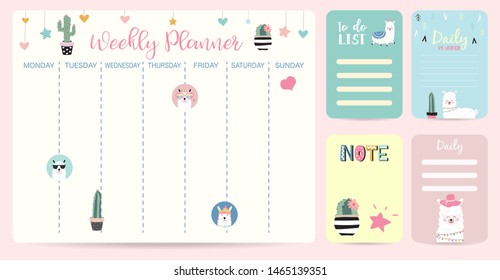 kid weekly planner with cactus,llama,star,heart.Vector illustration for calendar and schedule.Editable element