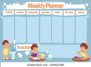 Kid Weekly Planner. Children Cute Calendar Weeks Design For To Do List Notes Of School Schedule Vector Sticker Showers Daily Template