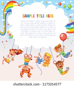 Kid Weighs On The Rings Upside Down. Climbing Up Along The Rope. Swinging On Swing. Template Is Ready For Advertising Of Children's Entertainment Center Or Amusement Park. Ready For Your Message