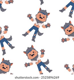 Niño en traje de hombre lobo Halloween Vector de dibujos animados sin patrón de fondo.