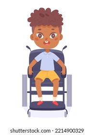 kid in wheelchair vector illustration. Cartoon isolated cute boy sitting in medical chair with wheels for movement, little child with physical disability of body in need of rehabilitation