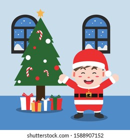 Kid who wears Santa costume is very happy he standing in front of The Christmas Tree with Decoration and Gift boxes in the living room, flat minimal design vector illustration.