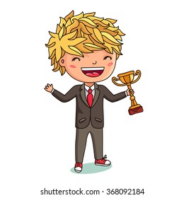 Kid - a winner. Boy in a suit with a cup in his hand. Vector illustration on white background.