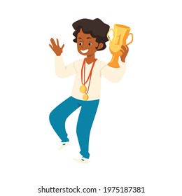 Kid Winner Happily Dances With Trophy - Gold Cup For First Place. Happy Child Celebrate Victory In Competition, Achievement Of Success In Sport. Flat Cartoon Vector Illustration.