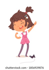 Kid winning at video game. Girl wins at videogames and celebrates standing, joystick on floor. Entertainment at home with technology vector illustration. Happy child on white background.