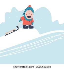 A kid in winter clothes stands on a snowy hill. Landscape of a frosty winter day. Sledging. Children's entertainment during the holidays and at Christmas. Cartoon illustration for print and web.