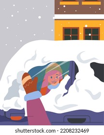 Kid wiping car glass from thick cover of snow. Winter season and fun outside, child playing outdoors in city, frosty and cold weather outdoors. Girl wearing knitted mittens. Vector in flat style