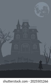 Kid in witch costume holding bucket standing in front of a house on full moon night, Silhouette Halloween concept Flat illustration vector.