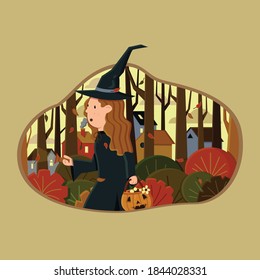 A kid in witch costume looking for candy treat on Halloween Day Illustration Vector Design