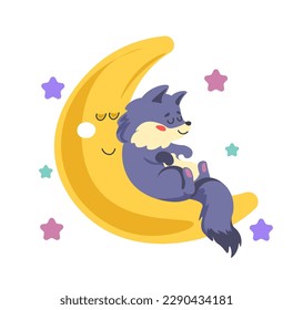 Kid wolf woodland animal character sleeping on crescent moon, stars and night theme. Sleepy personage having sweet dreams. Small mammal, nursery decor or children drawing. Vector in flat style