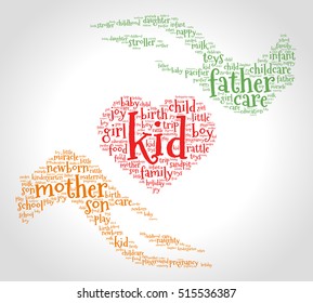 Kid. Word cloud, heart between two hands, gradient grey background. Family concept.