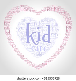 Kid. Word cloud, one heart inside another heart, gradient grey background. Family concept.