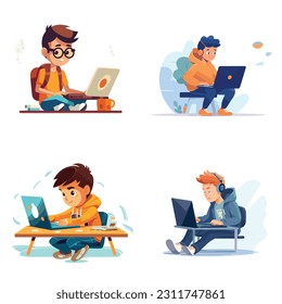 Kid working on laptop set vector isolated