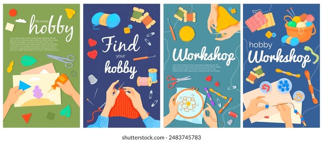 Kid workshop poster. Craft handmade children hobby festival posters, cartoon child hands hold paper art needle beads sew school work creativity leaflet set vector illustration