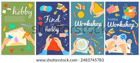 Kid workshop poster. Craft handmade children hobby festival posters, cartoon child hands hold paper art needle beads sew school work creativity leaflet set vector illustration