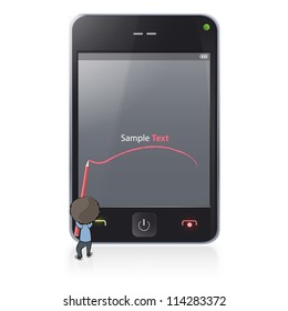 Kid writes sample text in phone screen. Vector illustration.