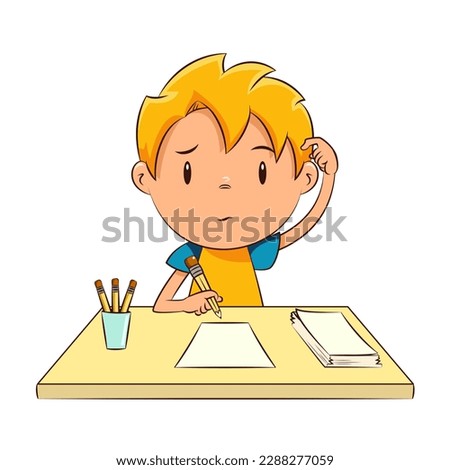 Kid writing, drawing, scratching head, think
