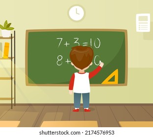 Kid writing equation on the chalkboard. Schoolboy learning math in the classroom. Boy in front of the school blackboard.