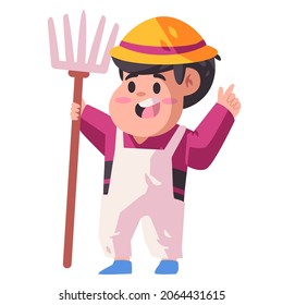 kid with yellow helmet is holding garden tool for replant trees trash modern cartoon flat color isolated background vector illustration