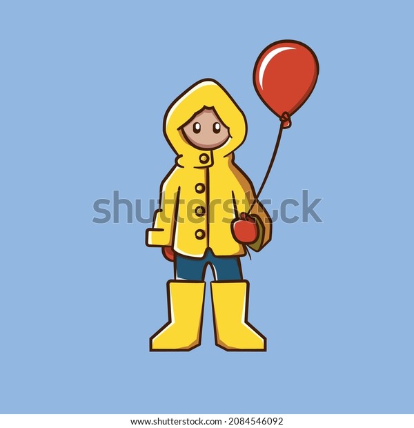 Kid Yellow Raincoat Holding Red Balloon Stock Vector (Royalty Free ...