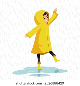 Niño en chubasquero amarillo en Clima lluvioso. Niño feliz feliz caminando a través de charcos de agua. Otoño o primavera mala Ilustración vectorial de Clima. Niño pequeño en tormentas de lluvia.