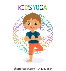 Kid Yoga Design Concept. Boy In Yoga Position Vector Illustration. Happy Cartoon Children Practicing Yoga. Flat Kid Yoga Logo On White Background.
