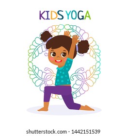 Kid Yoga Design Concept. Girl In Yoga Position Vector Illustration. Happy Cartoon Children Practicing Yoga. Flat Kid Yoga Logo On White Background.