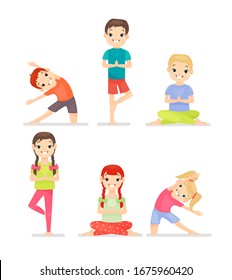 Kid yoga gymnastic exercises cartoon flat vector illustration set. Cute boys and girls