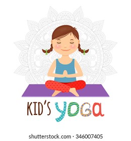 Kid yoga logo. Girl sitting in lotus pose. Vector illustration.