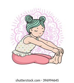 Kid yoga logo. Gymnastics for children. Healthy lifestyle poster. Vector illustration.