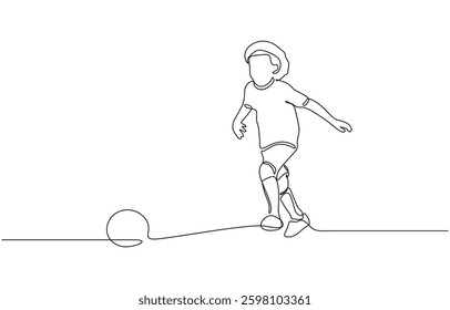 Kid young boy playing soccer football sport lifestyle line art, A kid playing football one continuous line drawing vector illustration isolated on white background. Minimalist design concept.