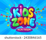 Kid zone banner for children area playground or playroom, vector cartoon blue background. Fun and game play room colorful bubble letters with flags and confetti splash for kid zone or playground