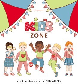 Kid zone banner, poster design with children jumping, signing, dancing, having fun, cartoon vector illustration isolated on white background. Cartoon style Kid Zone banner, poster, invitation design