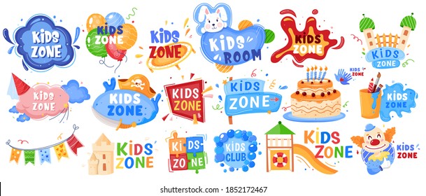 Kid zone playground or children education calssroom for games set of vector illustration banners. Baby area, play room signs, labels. Kindergarten entertainment children kids zone.