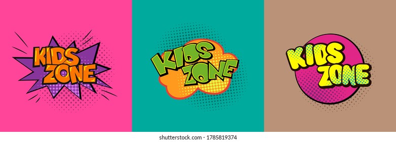 Kid zone vector banners. Set of logo, background for children playground with letterings and multi colors bubbles