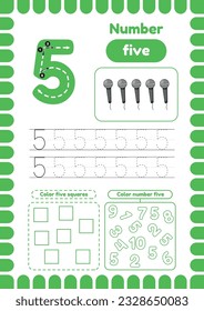 Kida activity pages. Learn numbers. Preschool worksheets. Number five