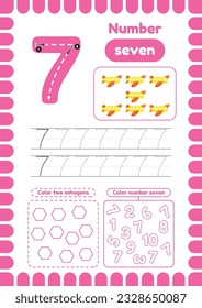 Páginas de actividad de Kida. Aprende números. Hojas de cálculo preescolares. Número siete