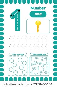 Kida activity pages. Learn numbers. Preschool worksheets. Number one